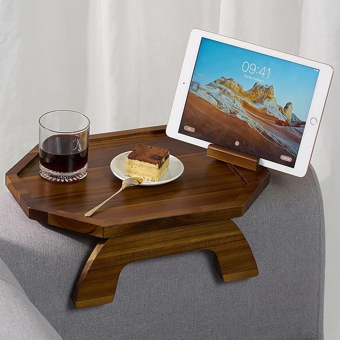 BLUEWEST Sofa Armrest Tray, Acacia Wood Couch Arm Clip on Tray Table with 360° Rotating Phone Holder –Fits Most Couch Arm Sizes–Non-Slip, Space-Saving Arm Table for TV Dinners, Remote, Drinks & Snacks