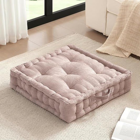 Intelligent Design Large Floor Pillow for Adults Yoga or Meditation Cushion with Handle, Floor Cushion for Board Games, Lustrous Chenille Tufted, Handsewn Scalloped Edge, Azza, 24" x 24" x 5" Blush