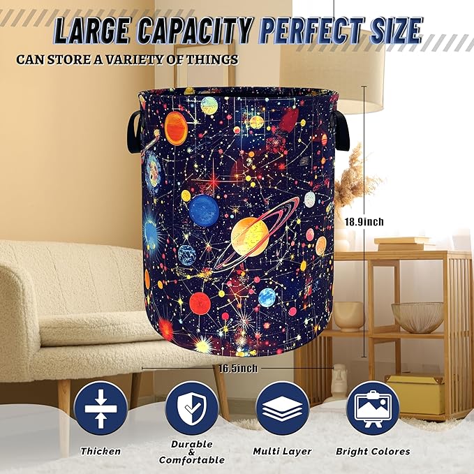 Colorful Planets Laundry Basket Oxford Cloth Starry Sky Galaxy Laundry Hamper With Handle Foldable Portable Clothes Storage Basket Funny Laundry Bag 18.9"x16.5" For Laundry Room/Bedroom/Bathrooms