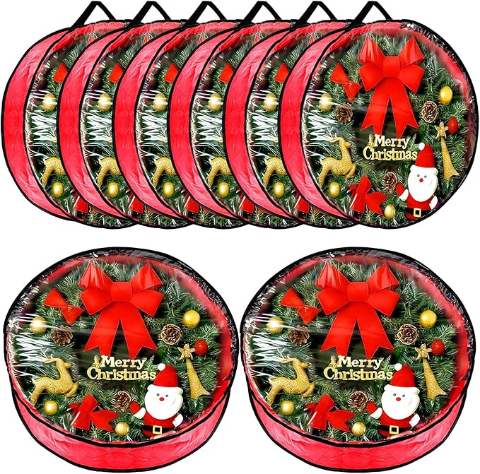 Dunzy 8 Pack Wreath Storage Container Bag 24x8 Inch Christmas Storage Container Heavy Duty Wreath Boxes with Clear Window for Xmas Holiday Ornament(Red)