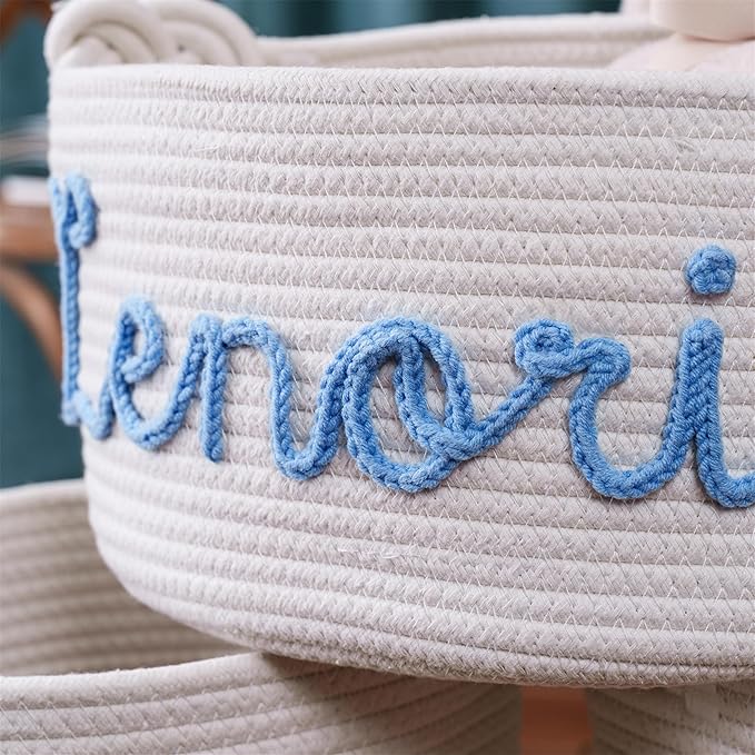 FKOG Personalized Baby Shower Basket Gift, Custom Name Cotton Rope Storage, Baby Nursery Organizer, Baby Show Gift Basket, Newborn Baby Baptism Gift (White round basket)