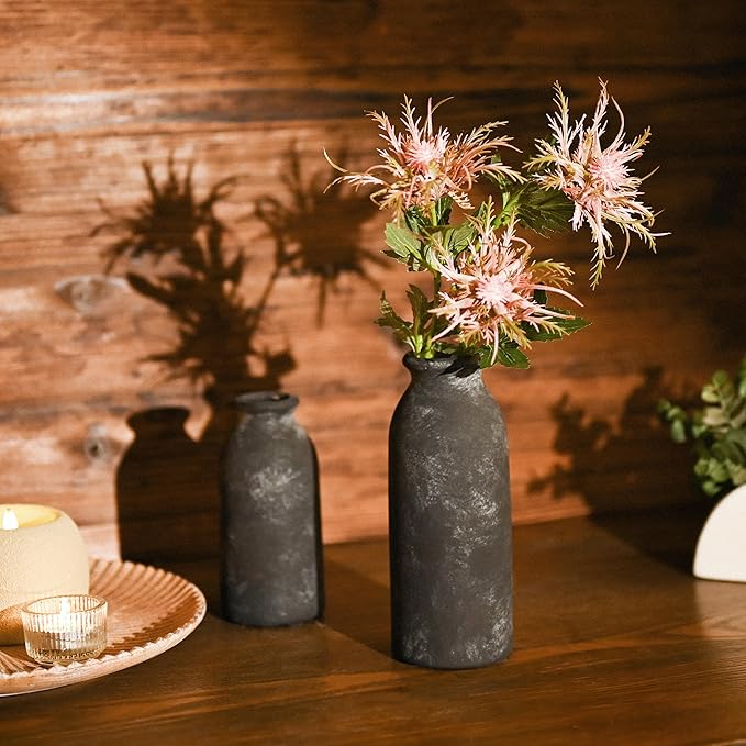 VICTOR & TERESA Black Ceramic Vases Home Decor, Flower Vase Set of 2, Farmhouse Vase for Flowers, Rustic Decorative Vases for Pampas Grass, Table, Living Room, Shelf, Centerpieces, 8 inch