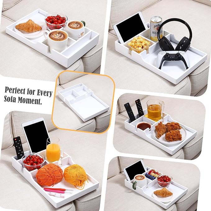 Nnewvante Sofa Tray Between Cushion, 2-in-1 Insert & Flat Sofa Organizer Bamboo with 2 Cup Holders,Fits Middle Couch or Ottomans,for Snacks, Drinks, Remotes,15.35x9.84-inch,White