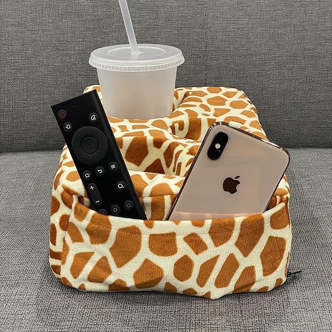 Couch Cup Holder Pillow, Couch Drinks Remotes Holder for Center of Couch, for Sofa, Bed, RV, Car (Giraffe)