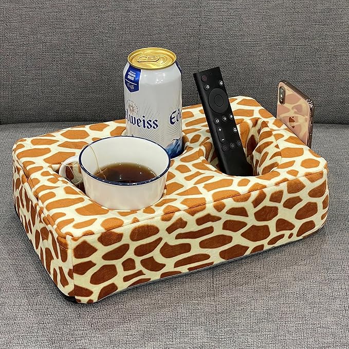 Couch Cup Holder Pillow, Couch Drinks Remotes Holder for Center of Couch, for Sofa, Bed, RV, Car (Giraffe)