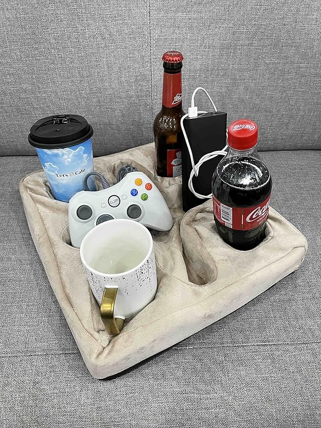 Couch and Bed Cup Holder Pillow, Sofa Refreshment Tray for Drinks/Remote Control/Snacks Holder (Beige)