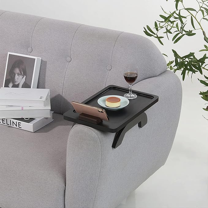BLUEWEST Sofa Armrest Tray, Acacia Wood Couch Arm Clip on Tray Table with 360° Rotating Phone Holder –Fits Most Couch Arm Sizes–Non-Slip, Space-Saving Arm Table for TV Dinners, Remote, Drinks & Snacks