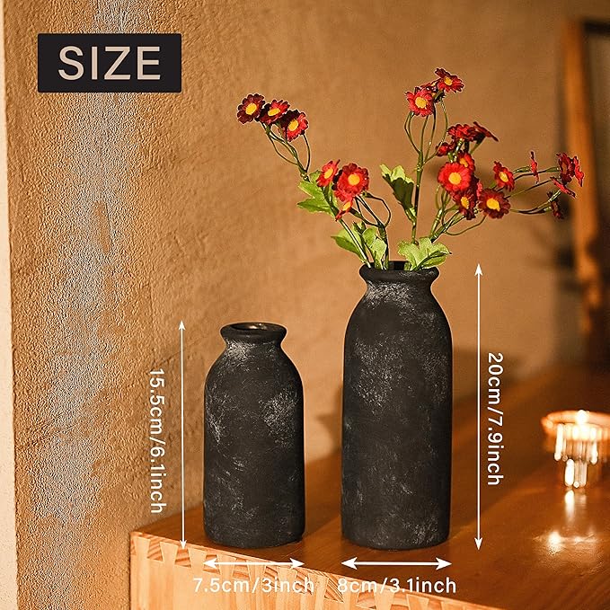 VICTOR & TERESA Black Ceramic Vases Home Decor, Flower Vase Set of 2, Farmhouse Vase for Flowers, Rustic Decorative Vases for Pampas Grass, Table, Living Room, Shelf, Centerpieces, 8 inch