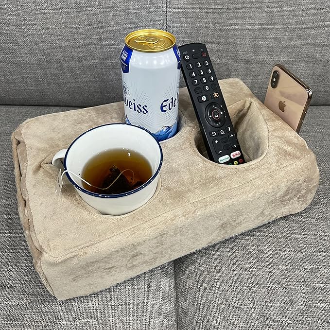 Couch Cup Holder Pillow, Couch Drinks Remotes Holder for Center of Couch, for Sofa, Bed, RV, Car (Beige)