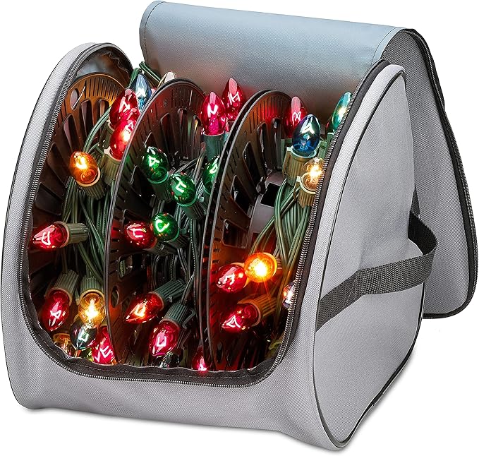 Premium Christmas Light Storage Bag – Heavy-Duty 600D Tear-Proof Material with Reinforced Handles – Includes 3 Reels, Stores up to 375 Ft of Mini Lights & Extension Cords – Grey with PVC Lining