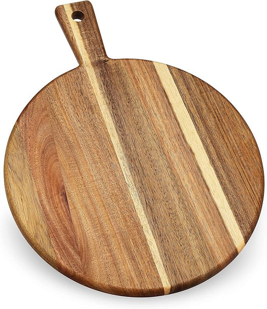 Acacia Wood Cutting Board and Chopping Board with Handle for Meat, Cheese Board, Vegetables, Bread, and Charcuterie - Decorative Wooden Serving Board for Kitchen and Dining Room, Large 13" x 13"