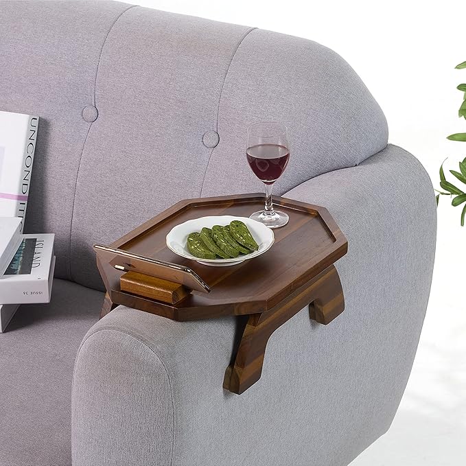 BLUEWEST Sofa Armrest Tray, Acacia Wood Couch Arm Clip on Tray Table with 360° Rotating Phone Holder –Fits Most Couch Arm Sizes–Non-Slip, Space-Saving Arm Table for TV Dinners, Remote, Drinks & Snacks