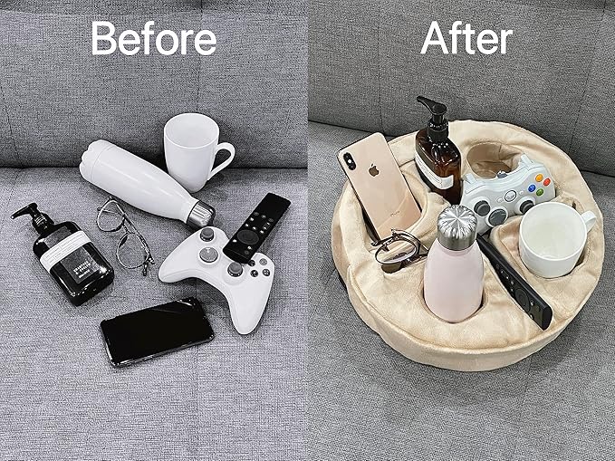 Xchouxer Couch and Bed Cup Holder Pillow, Sofa Organizer Caddy for Drinks, Remotes, Phones, Snacks (Beige)