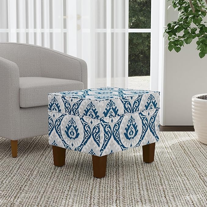 Homepop Home Decor |K7646-A877| Upholstered Modern Rectangular Storage Ottoman | Hinged Lid Ottoman with Storage for Living Room & Bedroom, Blue Ikat Medallion Print