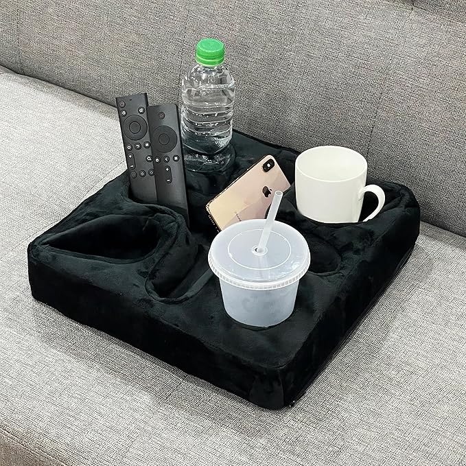 Couch and Bed Cup Holder Pillow, Sofa Refreshment Tray for Drinks/Remote Control/Snacks Holder (Black)