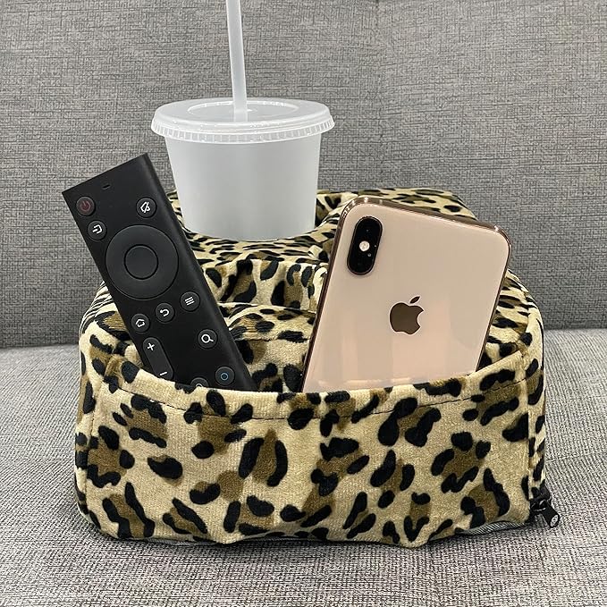 Couch Cup Holder Pillow, Couch Drinks Remotes Holder for Center of Couch, for Sofa, Bed, RV, Car (Leopard)