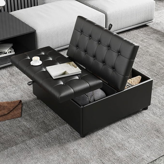 LINLUX 35.5 Inch Large Leather Storage Ottoman, Extra Large Square Lift Top Ottoman Coffee Table with Storage, Tufted Leather Ottoman Footrest Toy Box for Living Room, Black