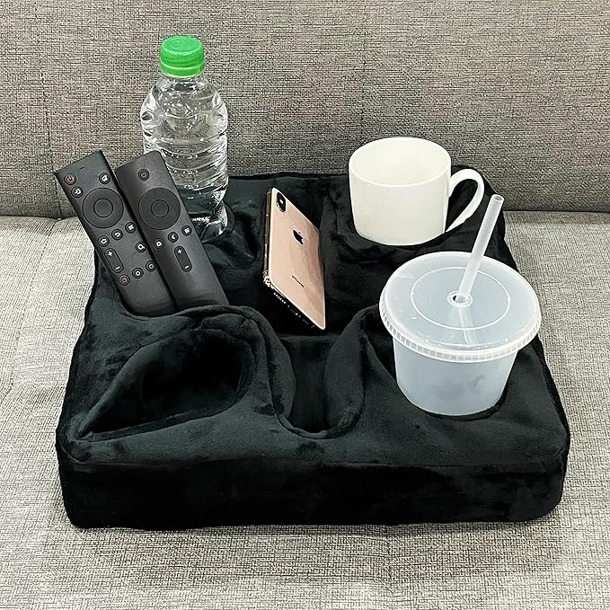Couch and Bed Cup Holder Pillow, Sofa Refreshment Tray for Drinks/Remote Control/Snacks Holder (Black)