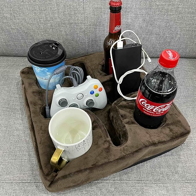 Couch and Bed Cup Holder Pillow, Sofa Refreshment Tray for Drinks/Remote Control/Snacks Holder (Brown)