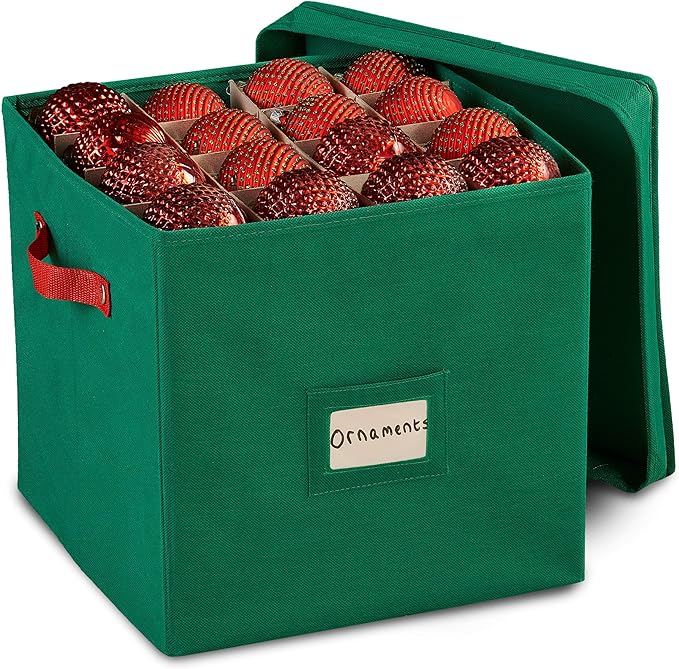 Durable Non-Woven Christmas Ornament Storage Box with Removable lid, Stores up-to 64 Standard Holiday Ornaments & Xmas Decorations For Seasons To come - 12 x 12 Inch 4 Layer Ornament Storage Container