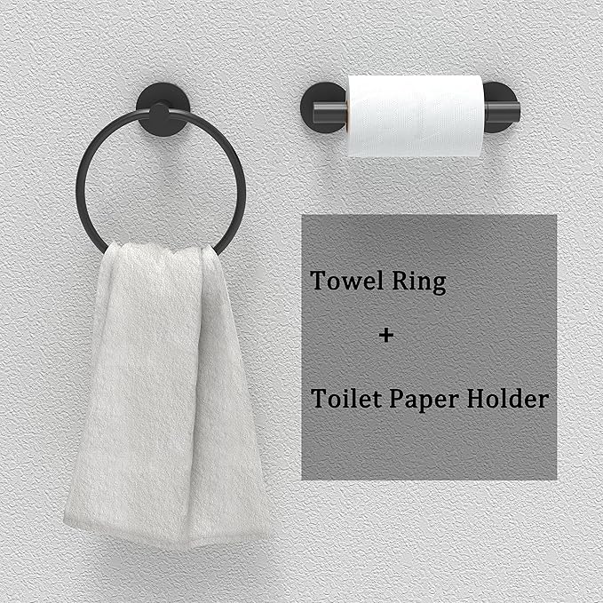 RARXTR Matte Black Toilet Paper Holder & Towel Ring SUS304 Stainless Steel 2pc Bathroom Hardware Set with Double Post Pivoting Toilet Paper Roll Holder Wall Mount & Bathroom Towel Holder Set