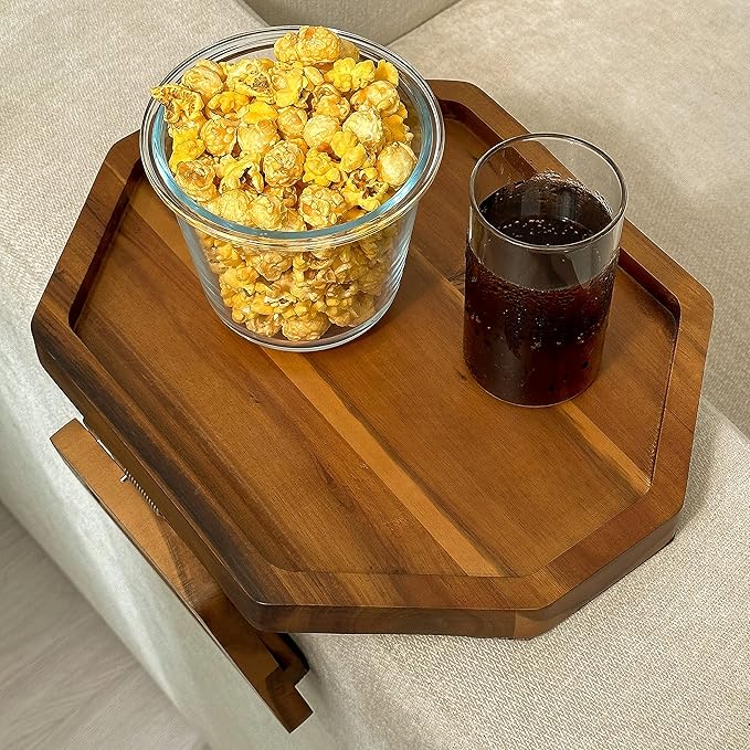 Tinamo Octagonal Acacia Sofa Arm Tray, Couch Armrest Table with Folding Arms - Armchair Caddy, Clip on Tray with Adjustable Arm Hinges for Home Sofa Living Room (Acacia, Octagon)