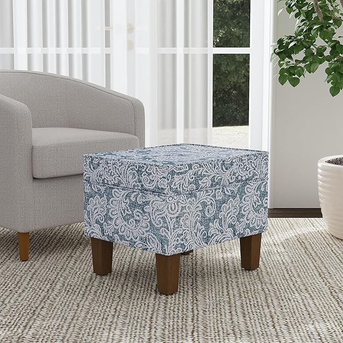 Homepop Home Decor |K7646-A879| Upholstered Modern Rectangular Storage Ottoman | Hinged Lid Ottoman with Storage for Living Room & Bedroom, Blue Denim Jacobean Print