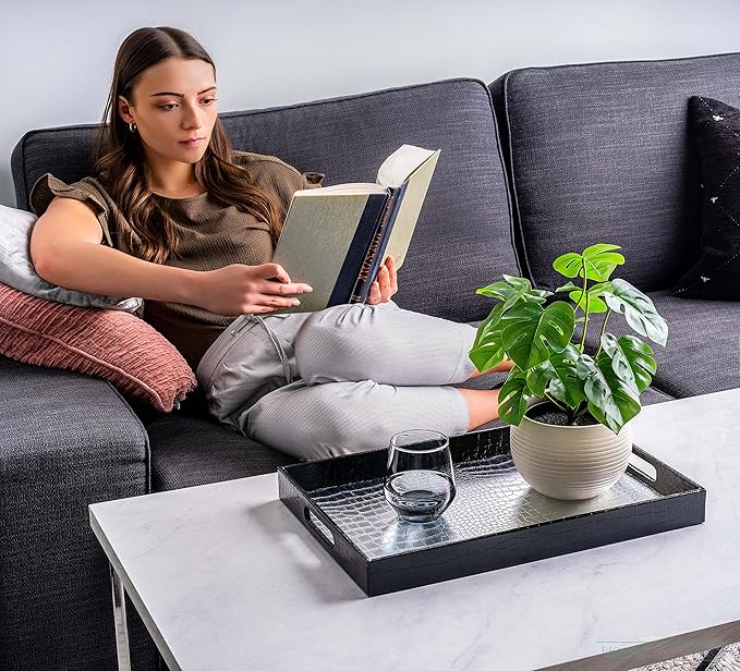 Home Redefined 17.5"x12" Silver & Black Glossy Crocodile Faux Leather Serving Tray Beautiful Modern Elegant Decorative Tray with Handles Ottoman Coffee Table Tv Remote Storage for All Occasion's