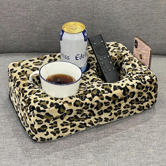 Couch Cup Holder Pillow, Couch Drinks Remotes Holder for Center of Couch, for Sofa, Bed, RV, Car (Leopard)